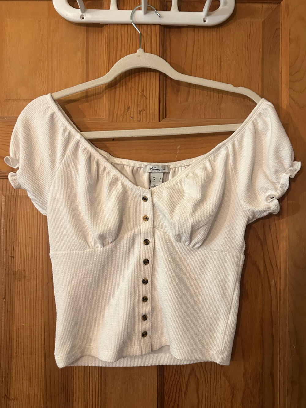 Revamped White Short Sleeve Button-Front Crop Top